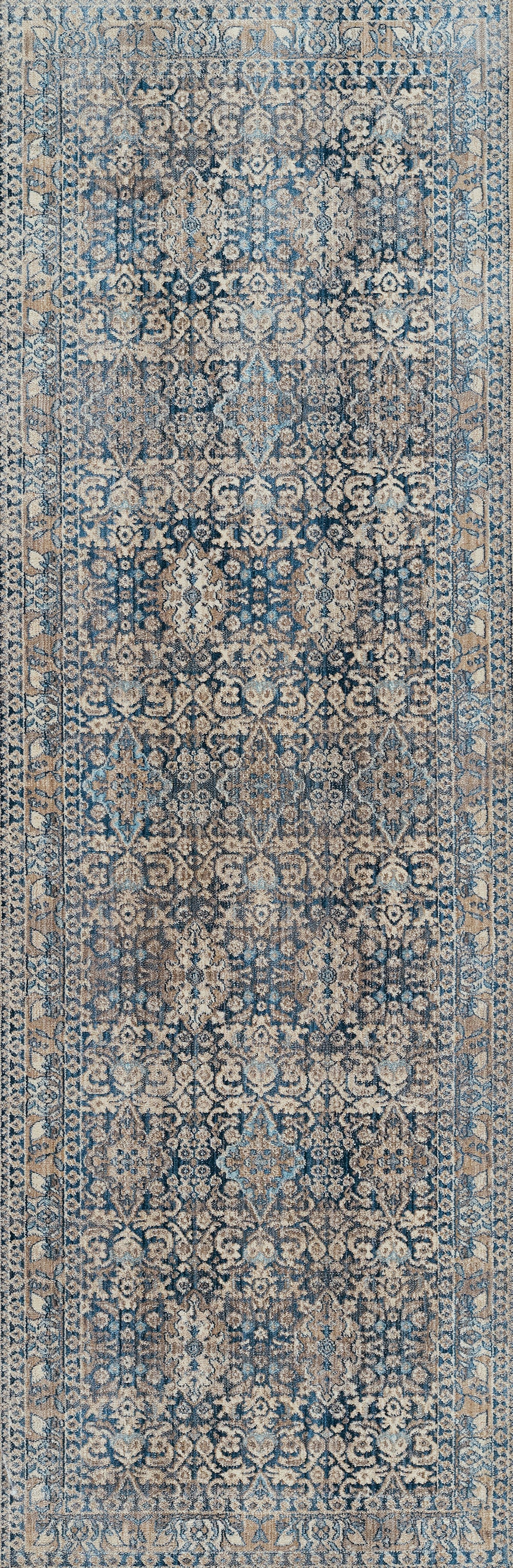 Blue-toned Persian-style runner rug with ivory floral motifs; 2' x 3' rug for a long, narrow hallway.