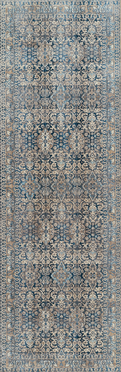 Blue-toned Persian-style runner rug with ivory floral motifs; 2' x 3' rug for a long, narrow hallway.
