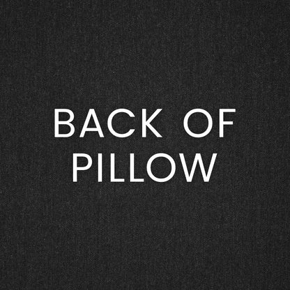 Charcoal fabric texture with large white BACK OF PILLOW lettering.