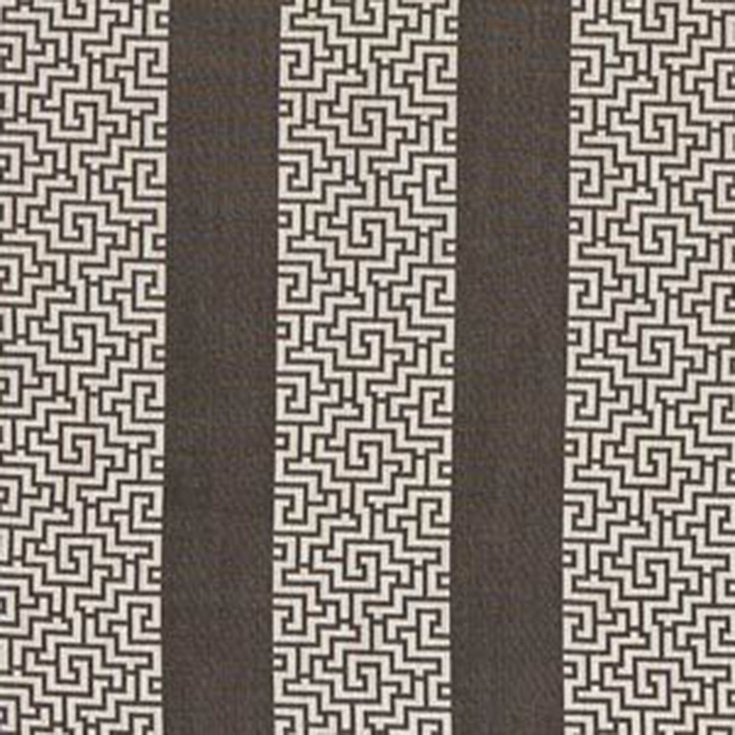 Brown and beige striped jacquard fabric with a Greek key pattern on light bands, decorative upholstery/textile.