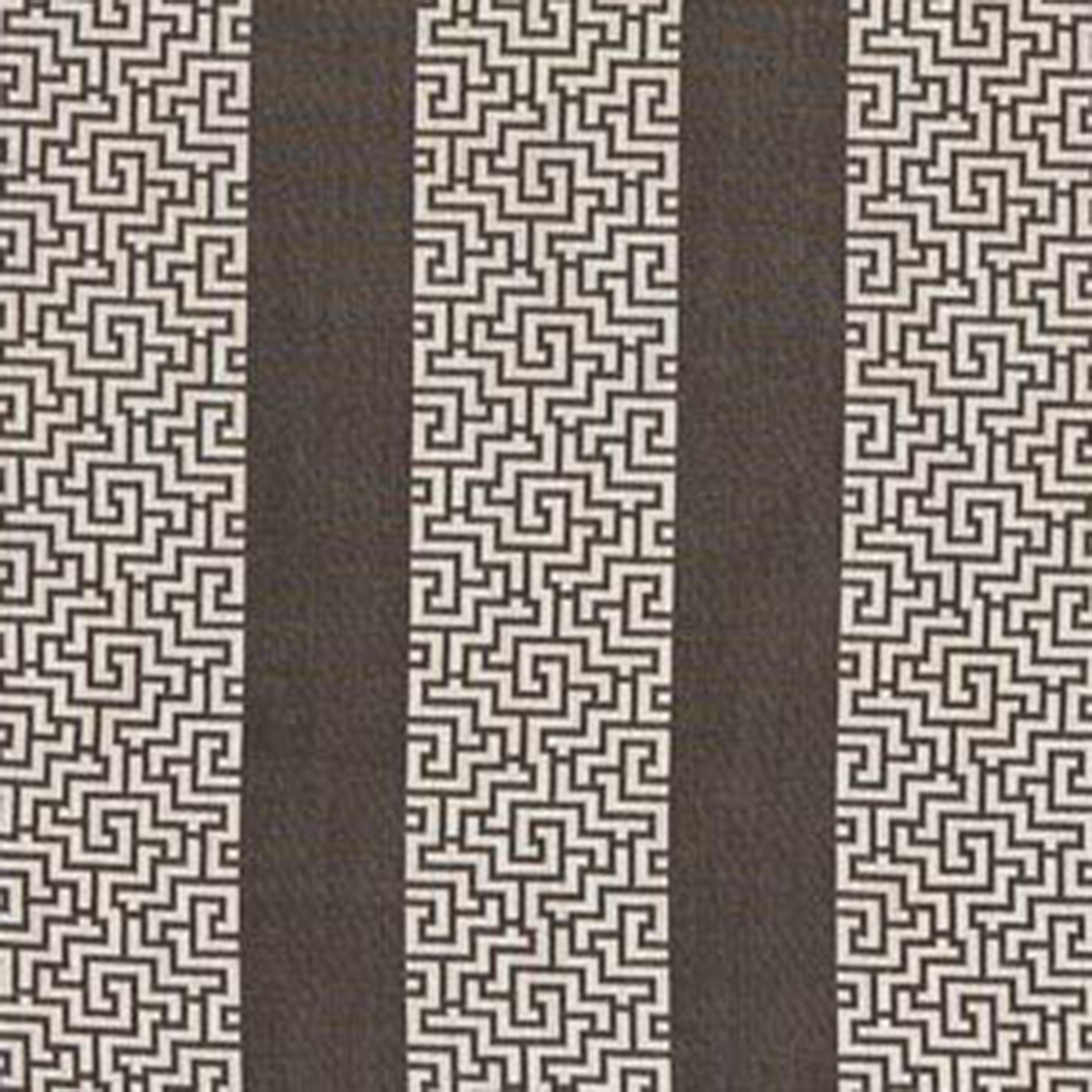 Brown and beige striped jacquard fabric with a Greek key pattern on light bands, decorative upholstery/textile.
