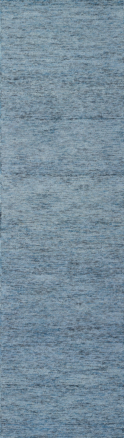 Blue heathered woven fabric rug with denim tones; soft textured surface for modern living spaces.