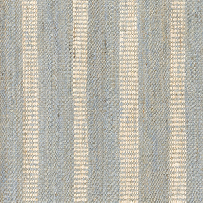 Blue woven rug with cream vertical stripes and textured surface.