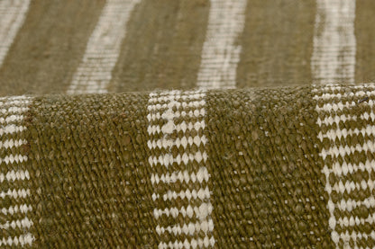 Olive green and ivory striped woven rug fabric with chunky natural-fiber texture.