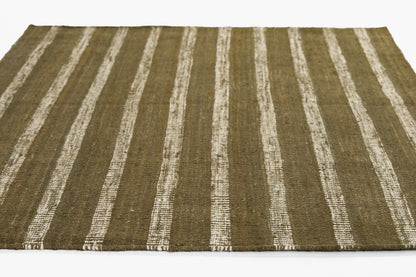 Rectangular olive-green rug with cream vertical stripes; textured woven jute-style flat-weave for rustic living spaces.