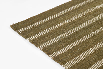 Olive green jute rug with white woven stripes, rectangular, rustic boho rug, 2' x 3'.