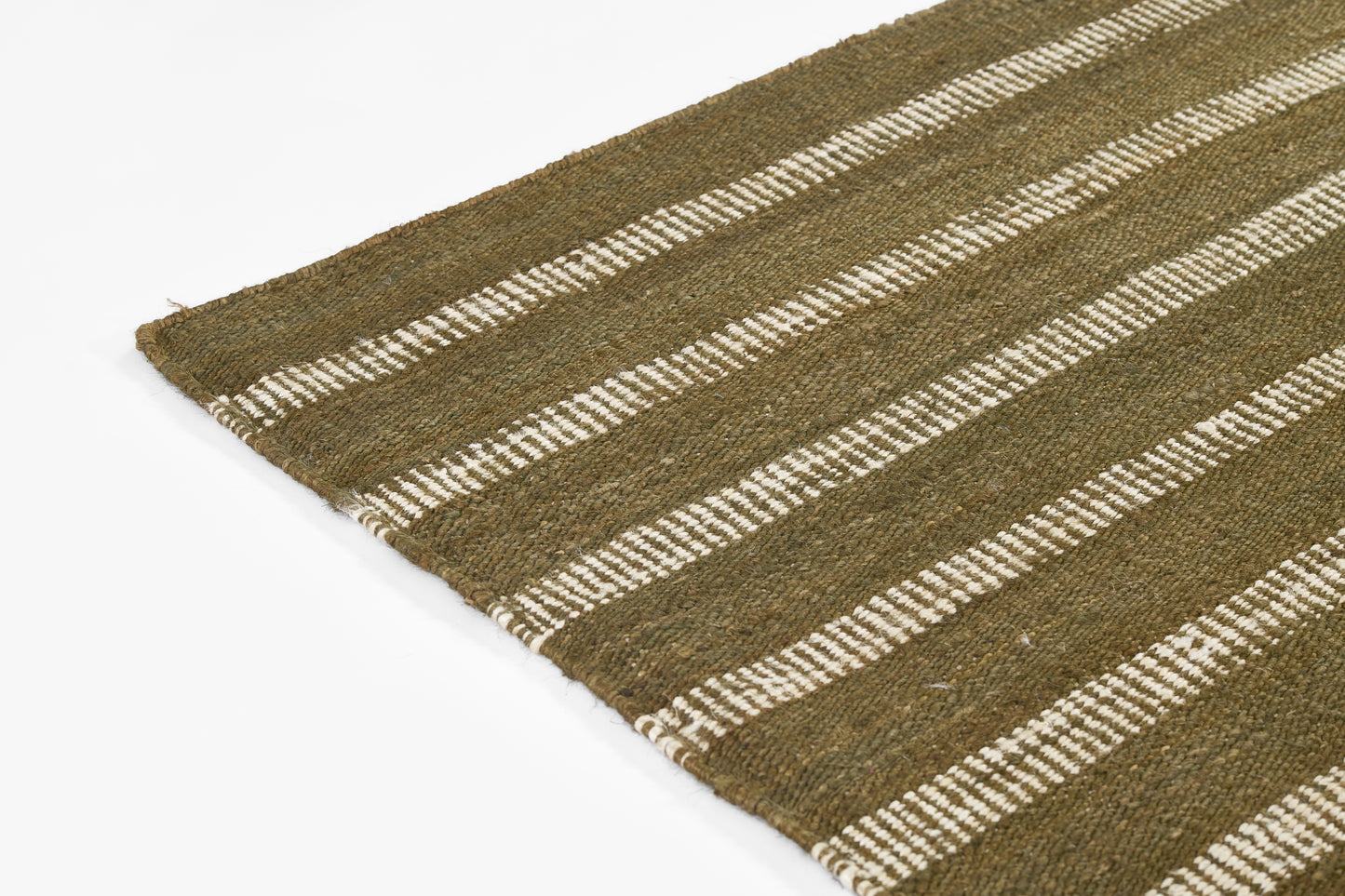 Olive green striped woven rug with white accent stripes, natural jute texture, fringe edge.