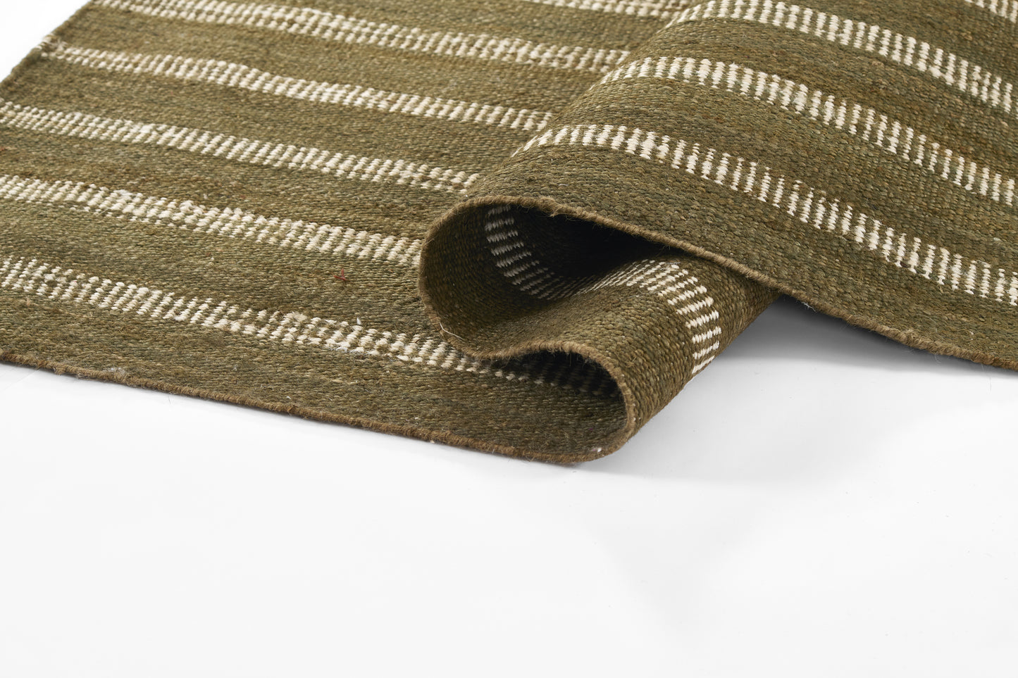 Olive green woven textile with cream horizontal stripes; thick runner rug.