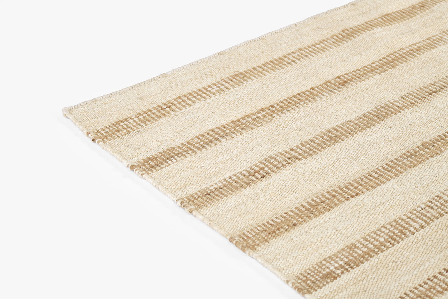 Natural woven jute rug with beige base and tan striped bands; textured, casual floor accent.