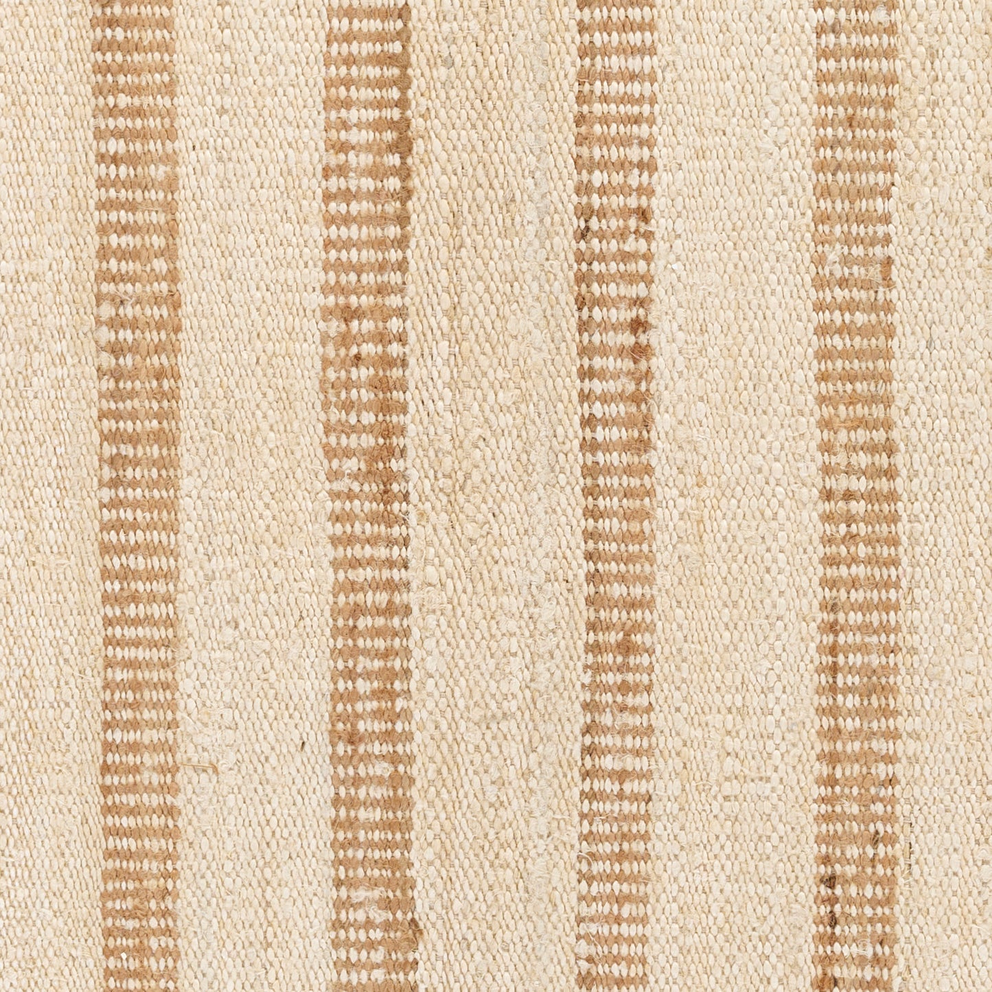 Beige woven rug with vertical brown stripes; textured, natural-looking textile.