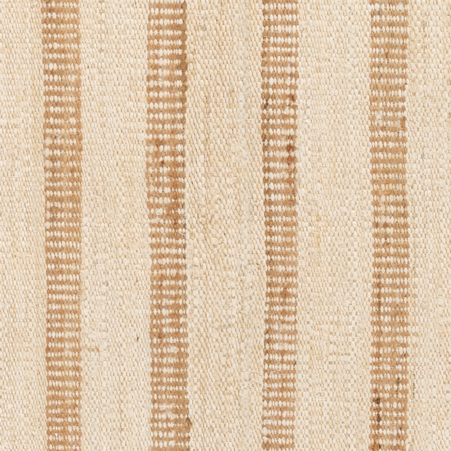 Beige woven rug with vertical brown stripes; textured, natural-looking textile.