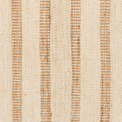 Beige woven rug with vertical brown stripes; textured, natural-looking textile.