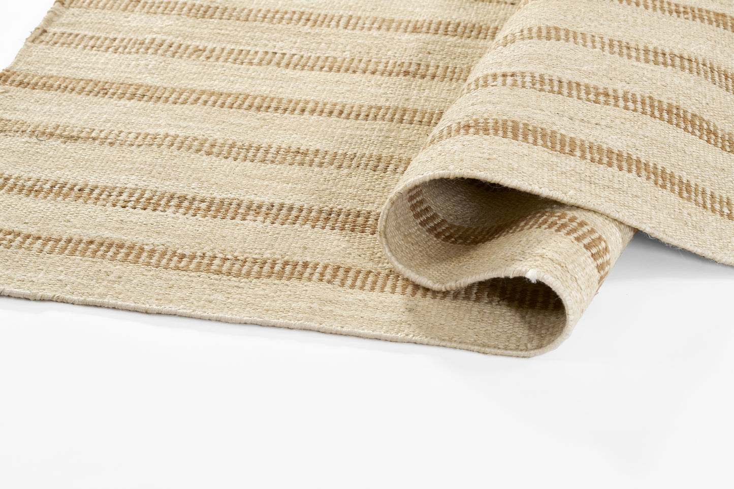 Beige striped jute rug with woven texture; natural-fiber rectangular rug with rolled edge.