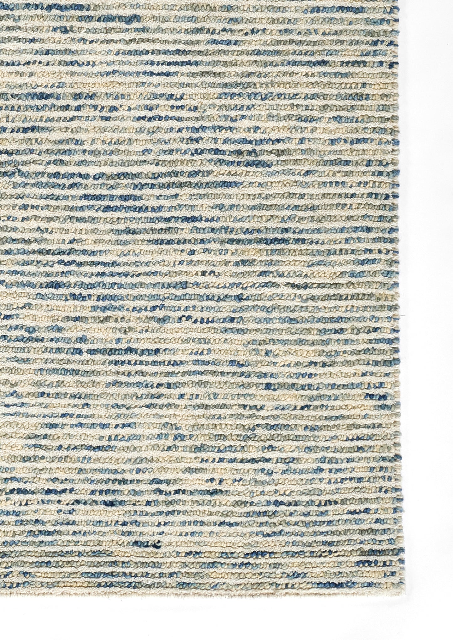Blue and beige striped woven area rug with textured horizontal lines; rectangular, modern casual style.