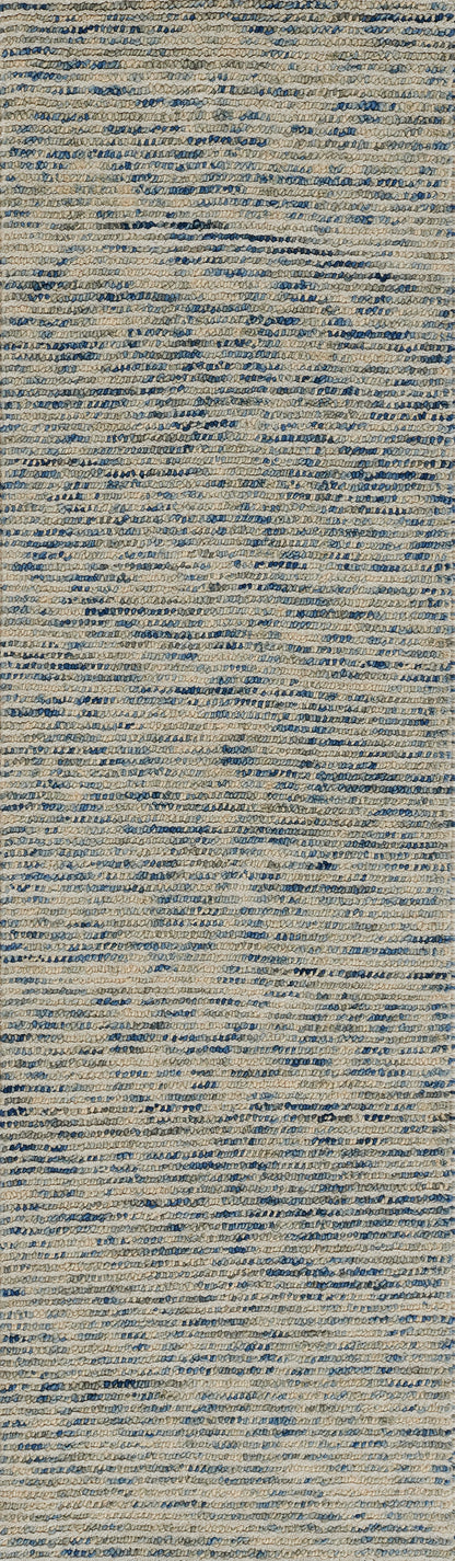 Blue and beige marled woven rug with subtle horizontal stripes.