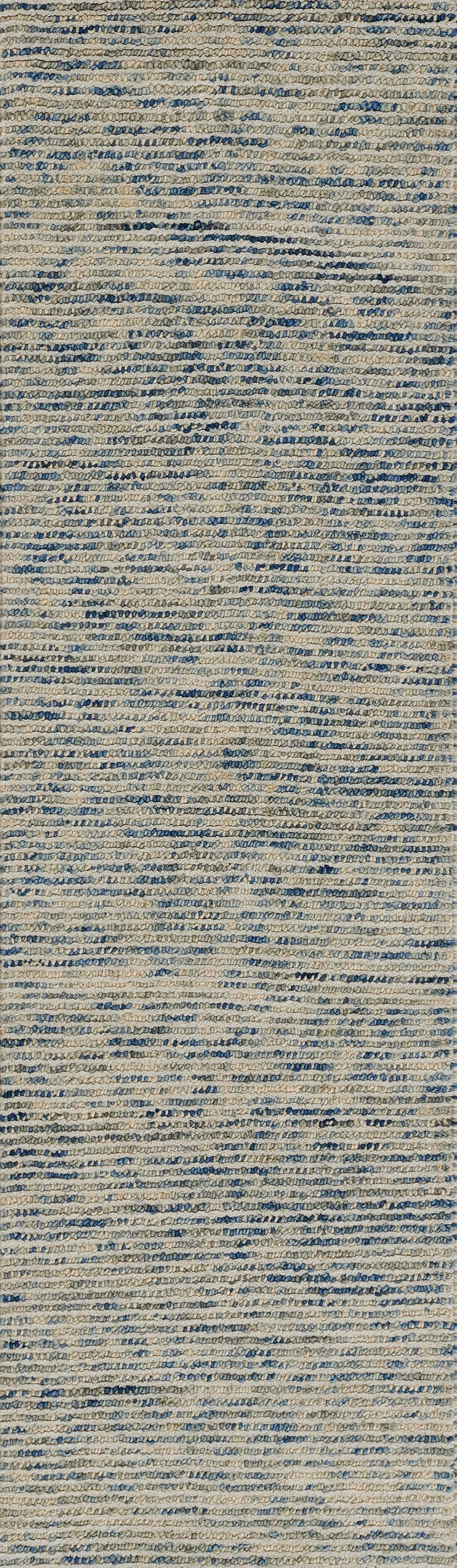 Blue and beige woven rug with irregular horizontal stripes and a textured flat-weave surface.