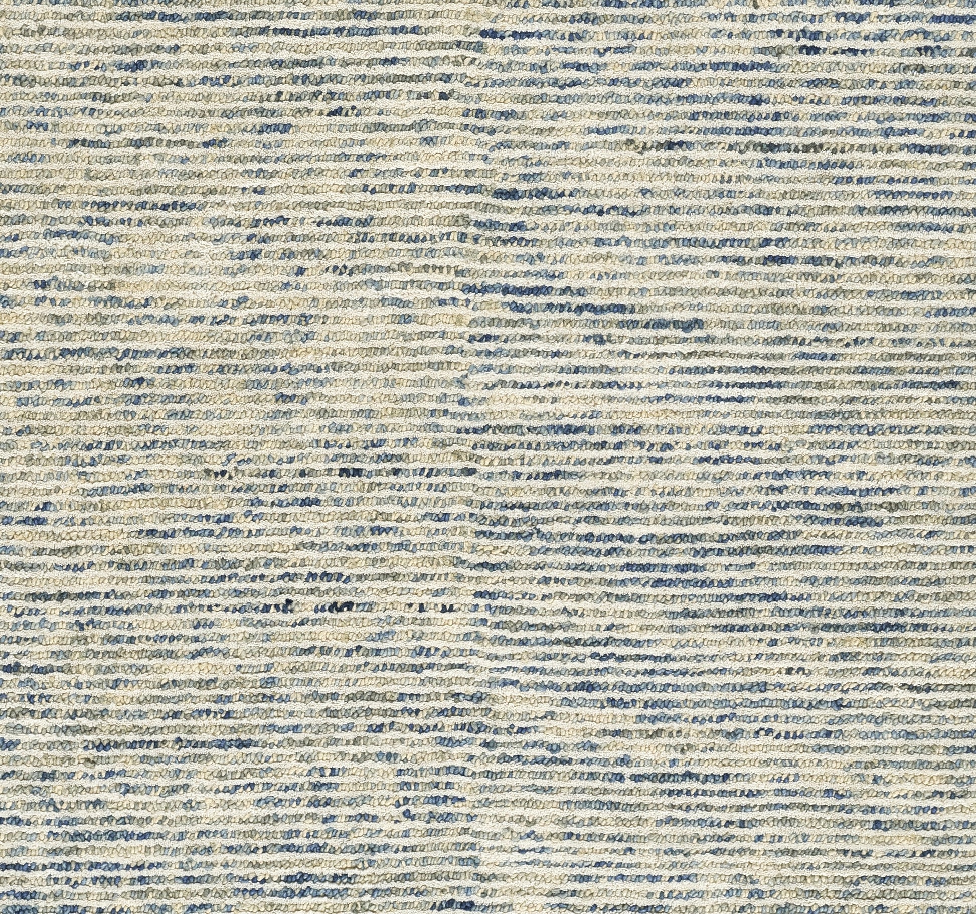 Beige woven textile rug with blue horizontal stripes; textured, casual coastal style.