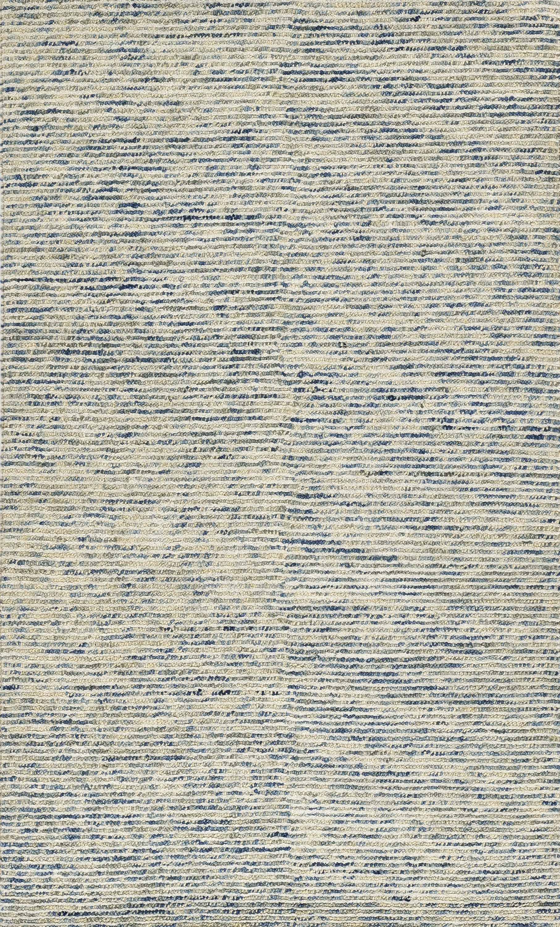 Beige woven rug with blue speckled threads and subtle horizontal texture; shallow pile for casual coastal decor.