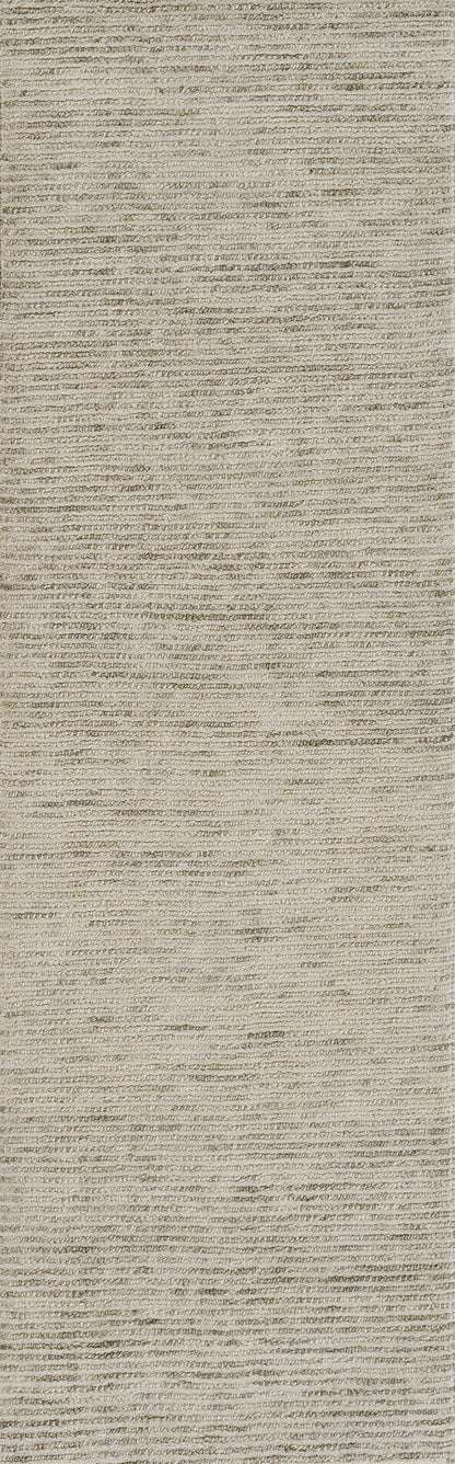 Beige textured area rug with tan looped fibers and subtle horizontal stripes.