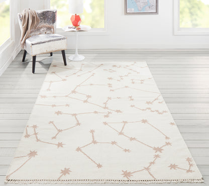 Ivory rectangular area rug with blush pink branch motif; soft textile, modern botanical design, fits living room or entry.