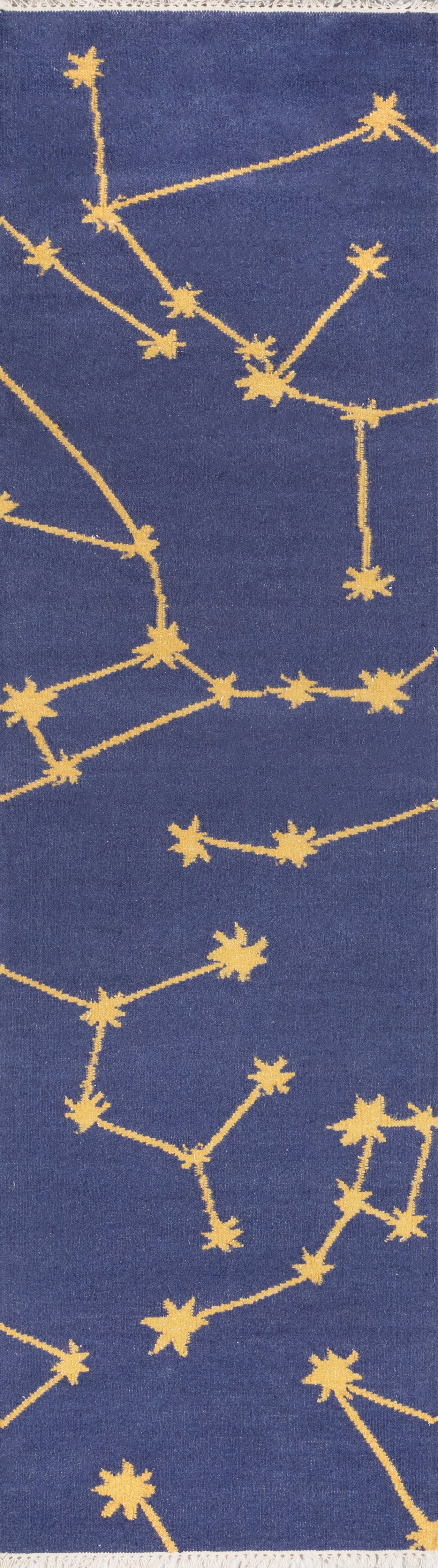 Blue scarf with gold star constellation pattern, celestial motif, lightweight fashion accessory.