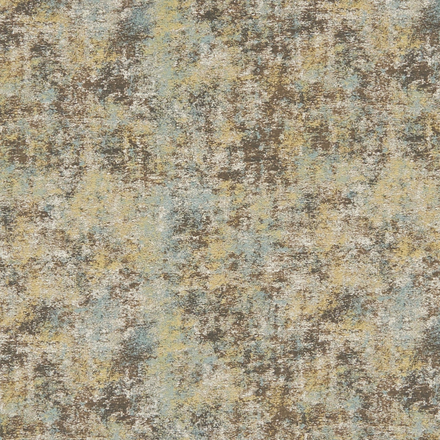 Abstract mottled jacquard fabric swatch in earthy browns, yellows, blue & beige; rectangular textile suitable for upholstery or crafts.