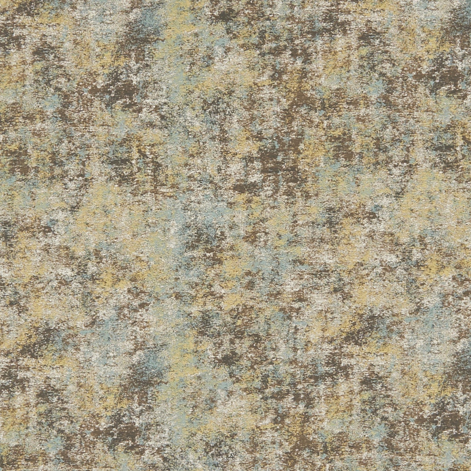 Abstract mottled jacquard fabric swatch in earthy browns, yellows, blue & beige; rectangular textile suitable for upholstery or crafts.