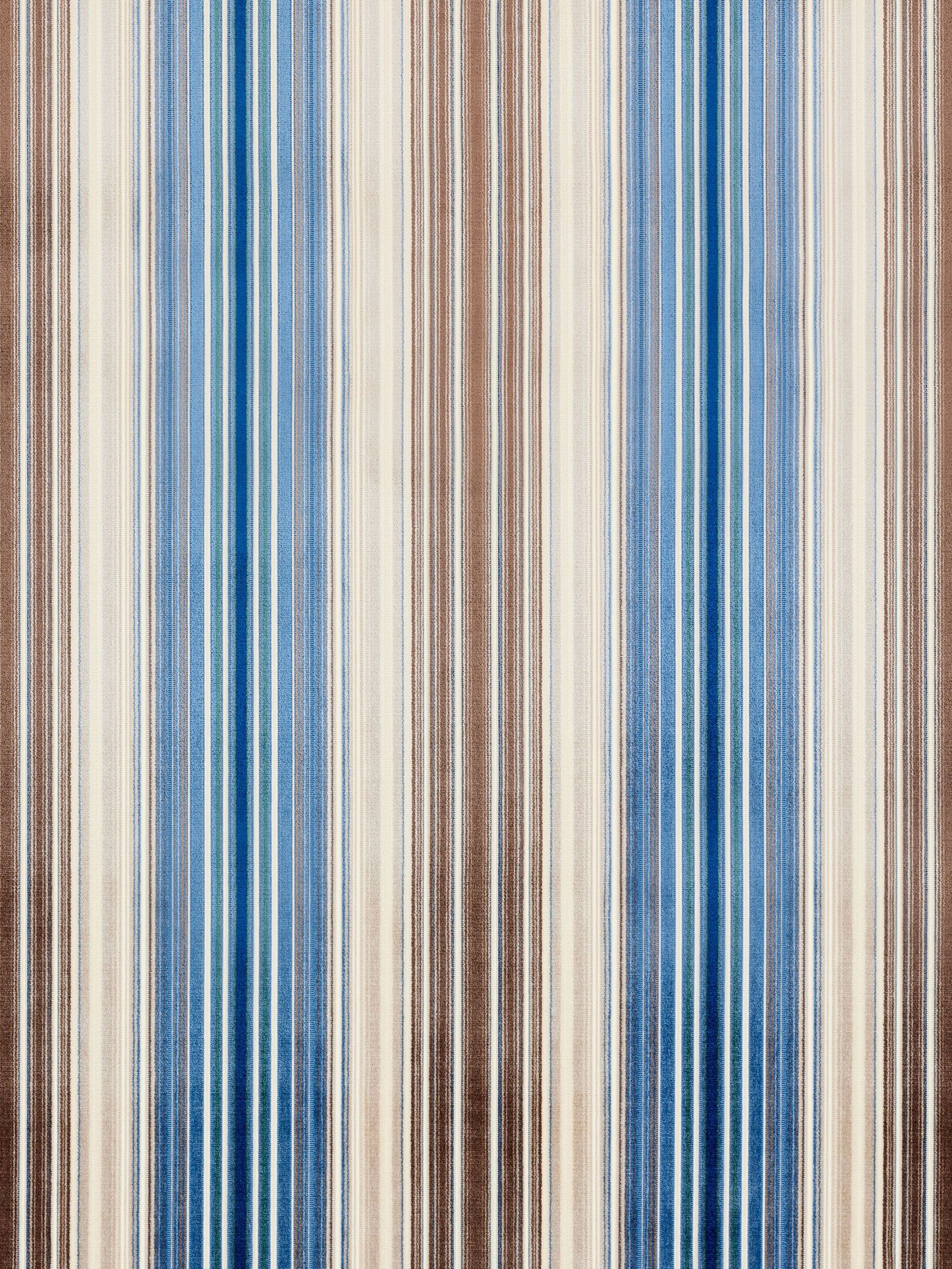 Vertical striped velvet fabric in blue, brown & ivory tones; suitable for upholstery or drapery.