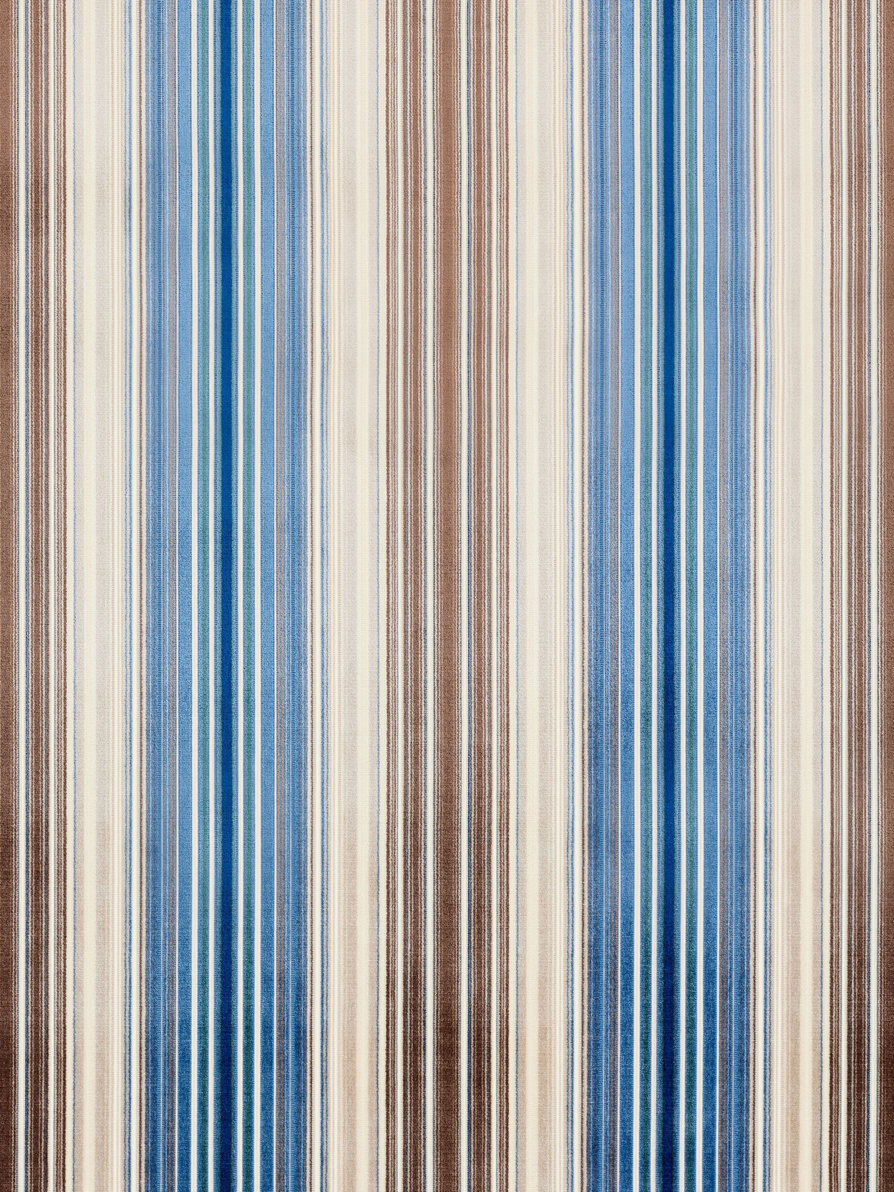 Vertical striped velvet fabric in blue, brown & ivory tones; suitable for upholstery or drapery.