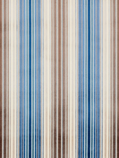 Vertical striped velvet fabric in blue, brown & ivory tones; suitable for upholstery or drapery.