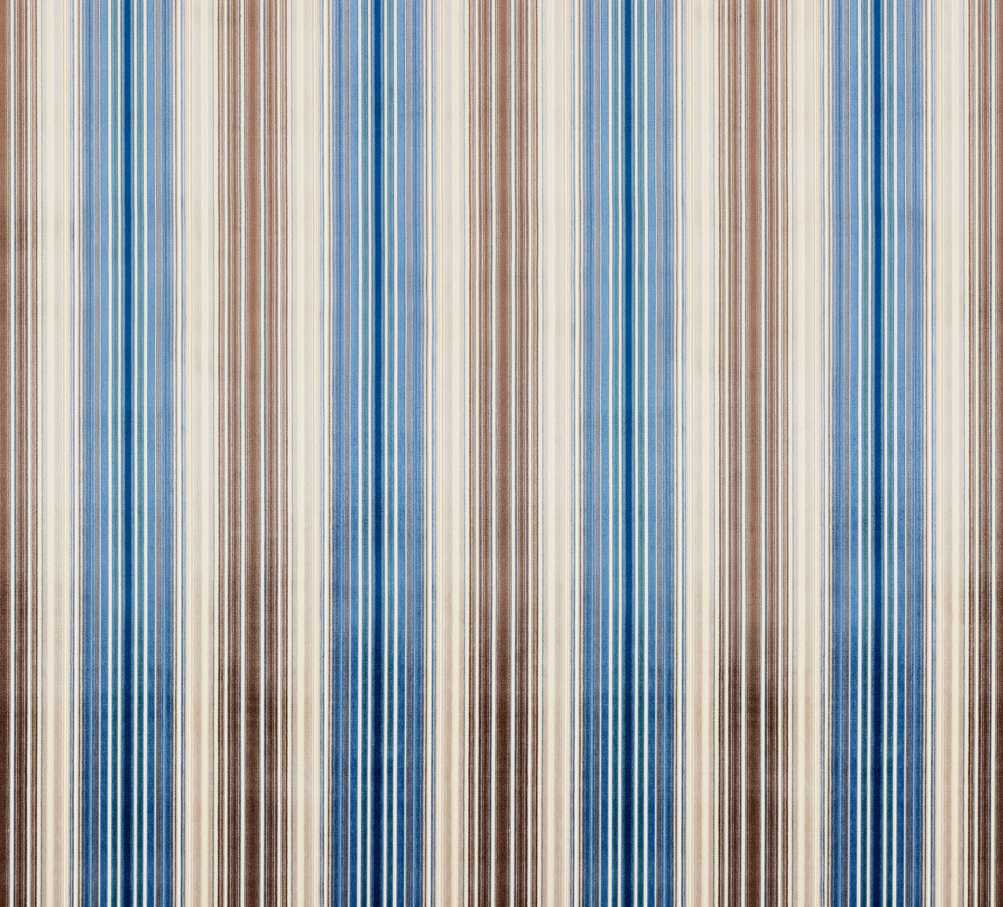 Vertical striped velvet fabric in blue, beige and brown tones; alternating narrow and wide stripes.