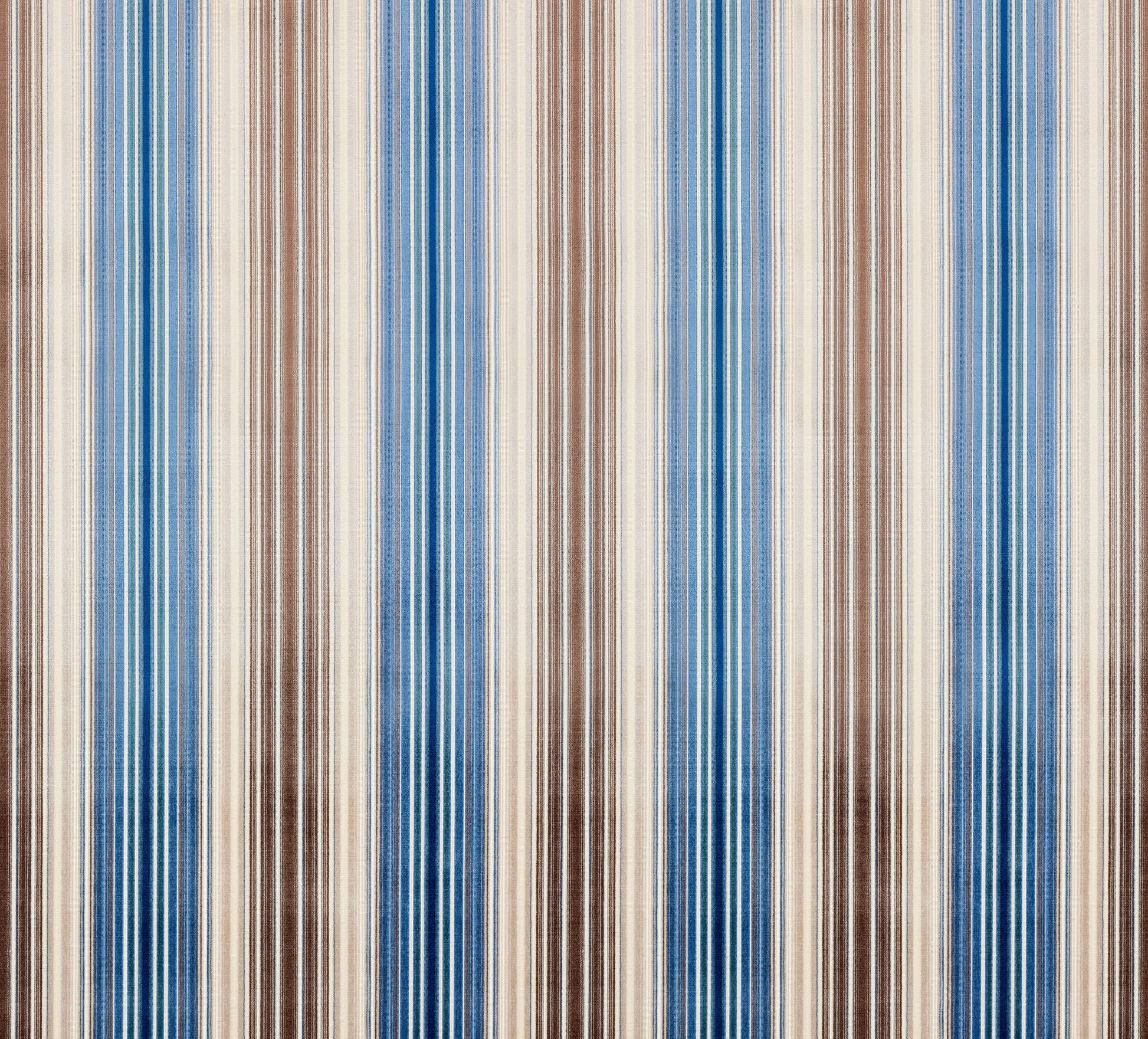 Vertical striped velvet fabric in blue, beige and brown tones; alternating narrow and wide stripes.