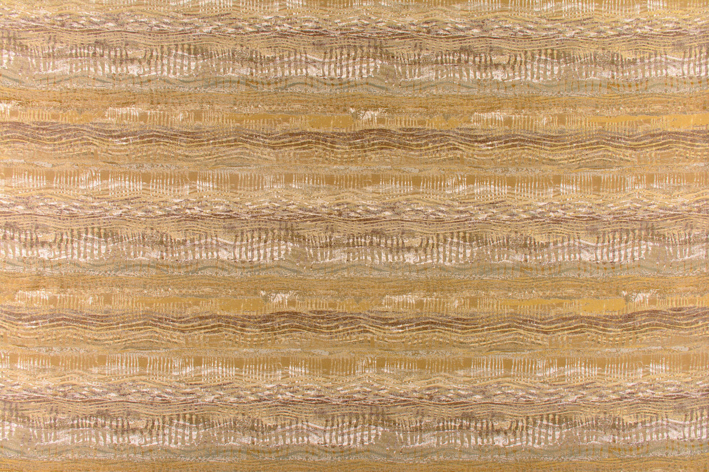 Woven fabric with horizontal wavy stripes in warm beige & gold tones; textured, boho-inspired design.