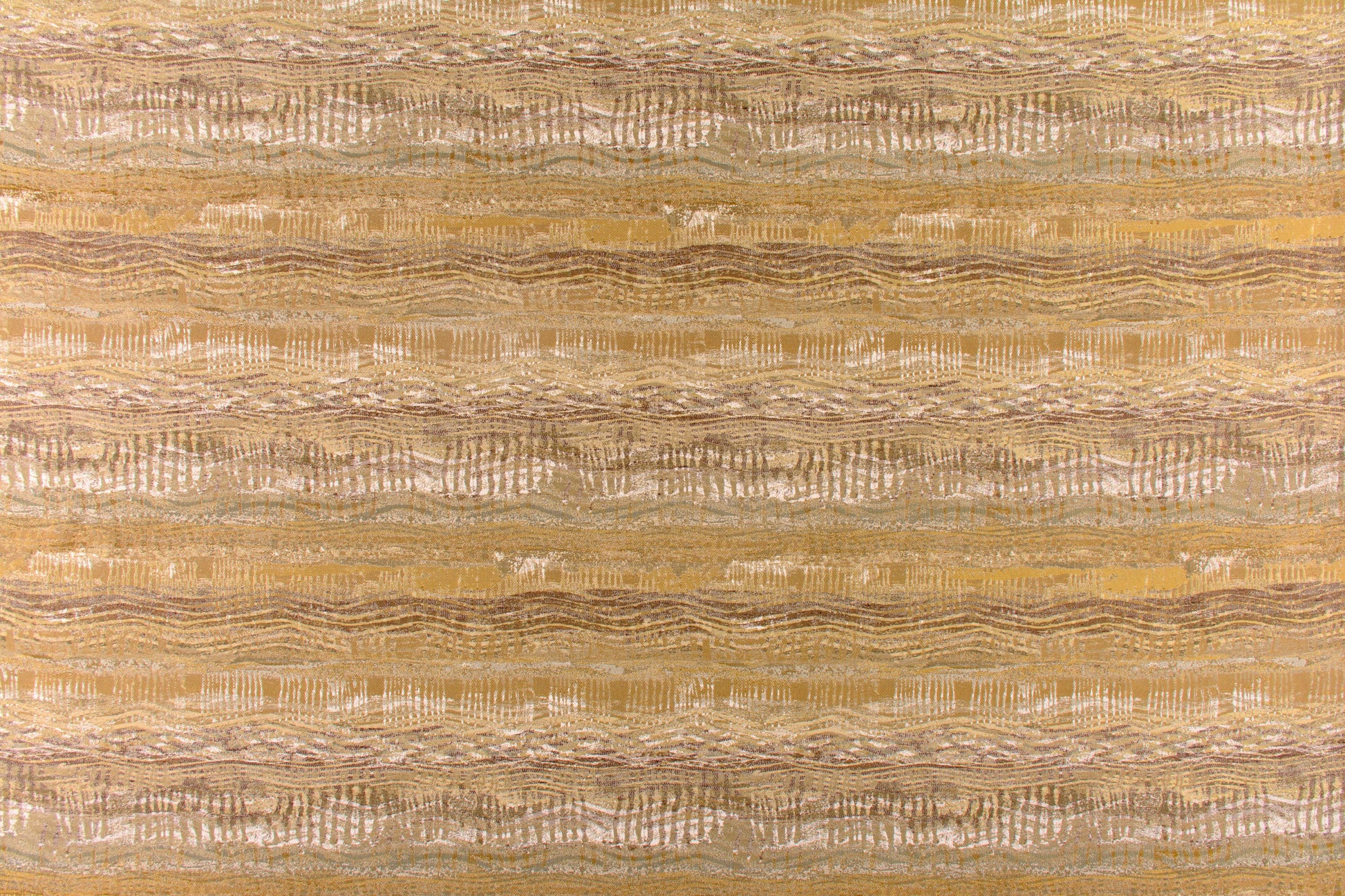 Woven fabric with horizontal wavy stripes in warm beige & gold tones; textured, boho-inspired design.