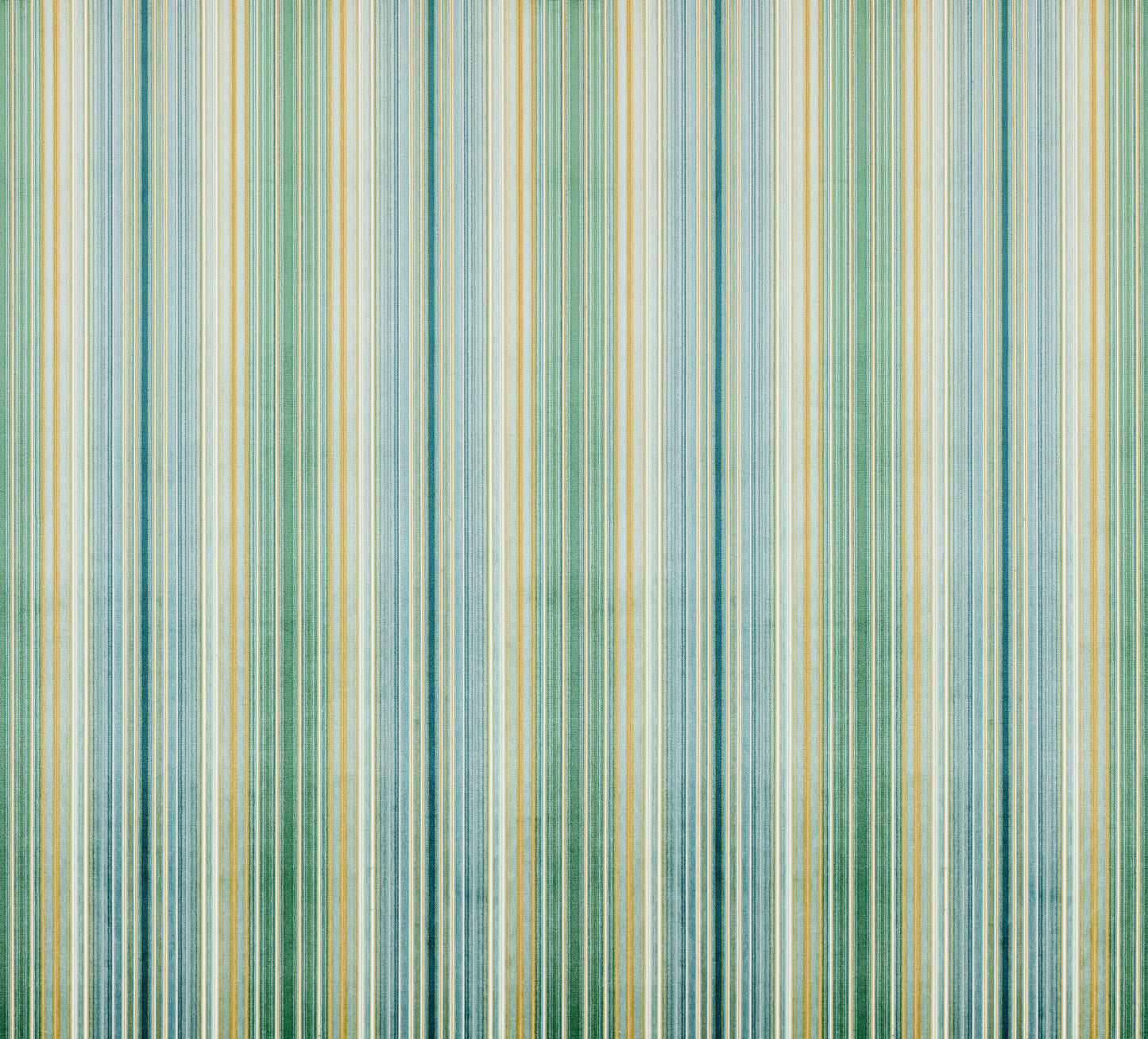 Vertical striped velvet fabric in teal, green, blue and yellow hues; suitable for upholstery or curtains