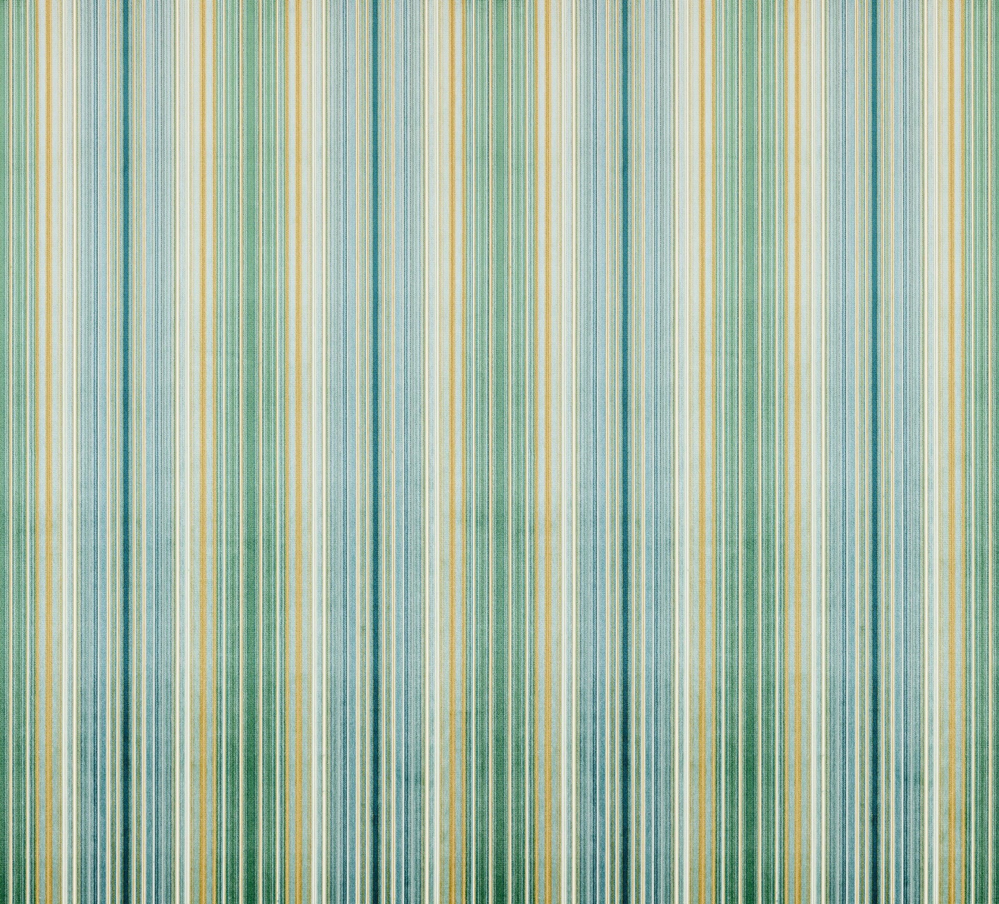 Vertical striped velvet fabric in teal, green, blue and yellow hues; suitable for upholstery or curtains