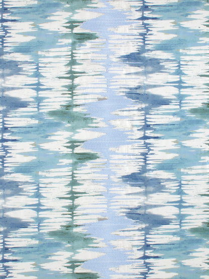 Abstract ikat-inspired print in shades of light blue, teal, and white with vertical wavy bands.