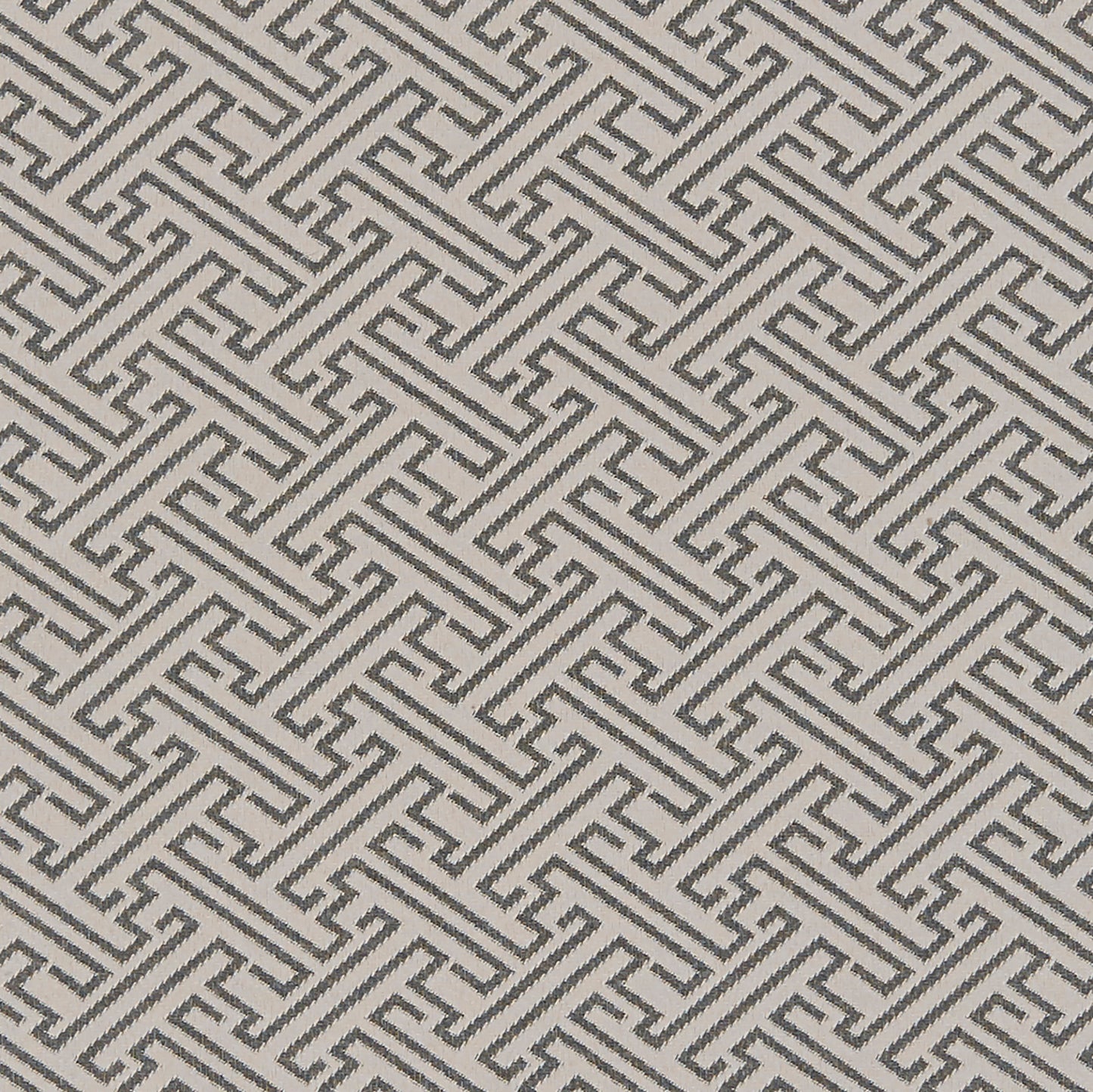 Neutral grey-on-cream interlocking maze pattern textile; Greek-key inspired geometric weave for upholstery or wallpaper.