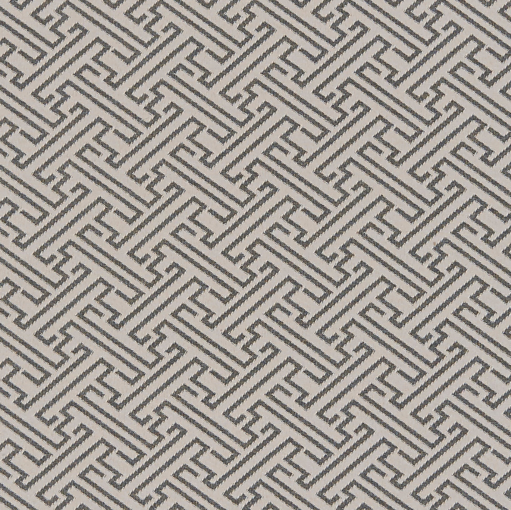 Neutral grey-on-cream interlocking maze pattern textile; Greek-key inspired geometric weave for upholstery or wallpaper.