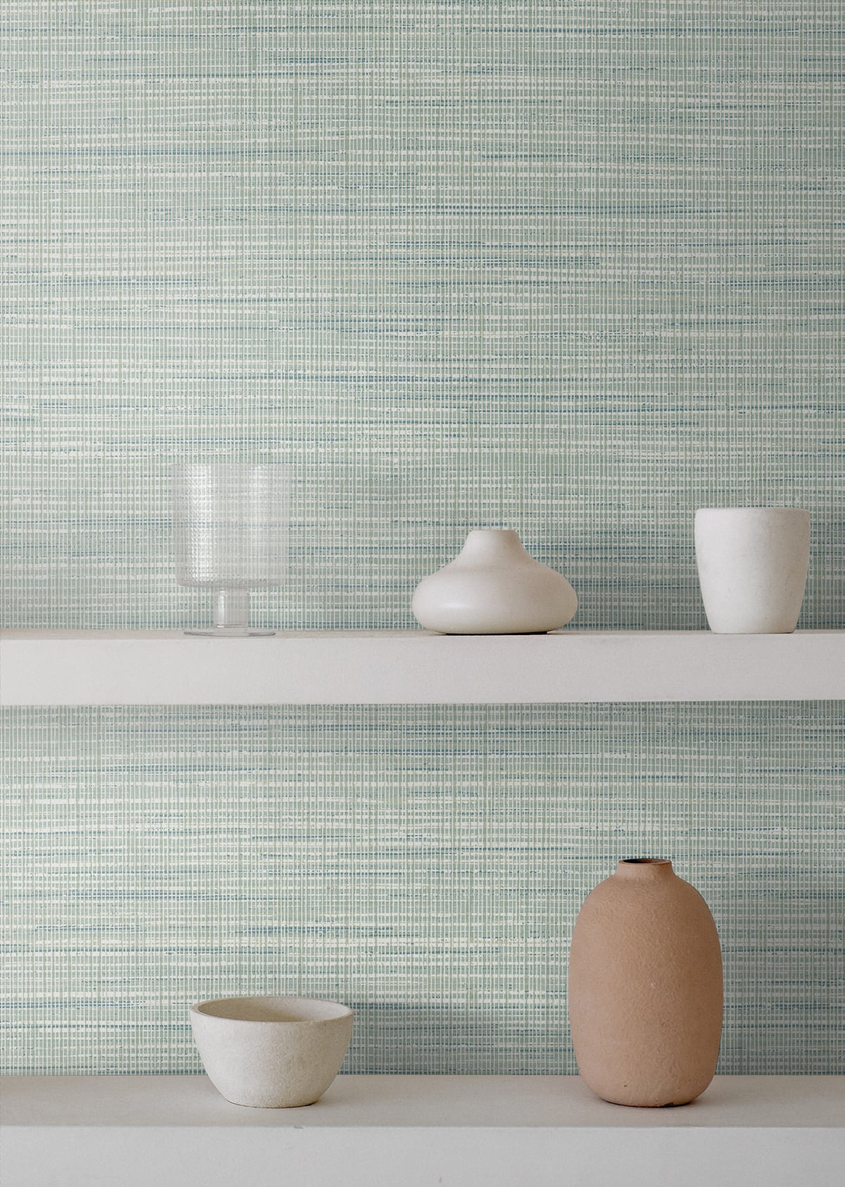 Japandi-style rustic green matte stringcloth textile on display.
