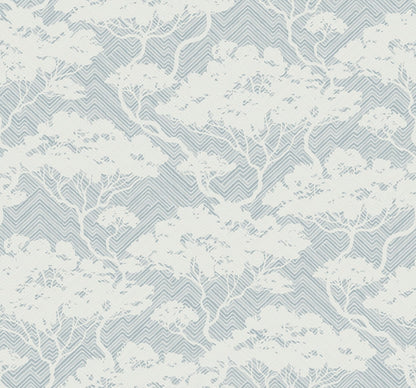 Soft blue fabric with a white tree-and-branch botanical damask pattern and subtle diagonal stripes.