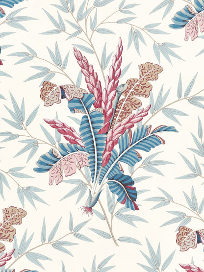Peacock Rose fabric featuring a tropical botanical pattern with blue and pink leaves on a cream background; bold, stylized bouquet motif.