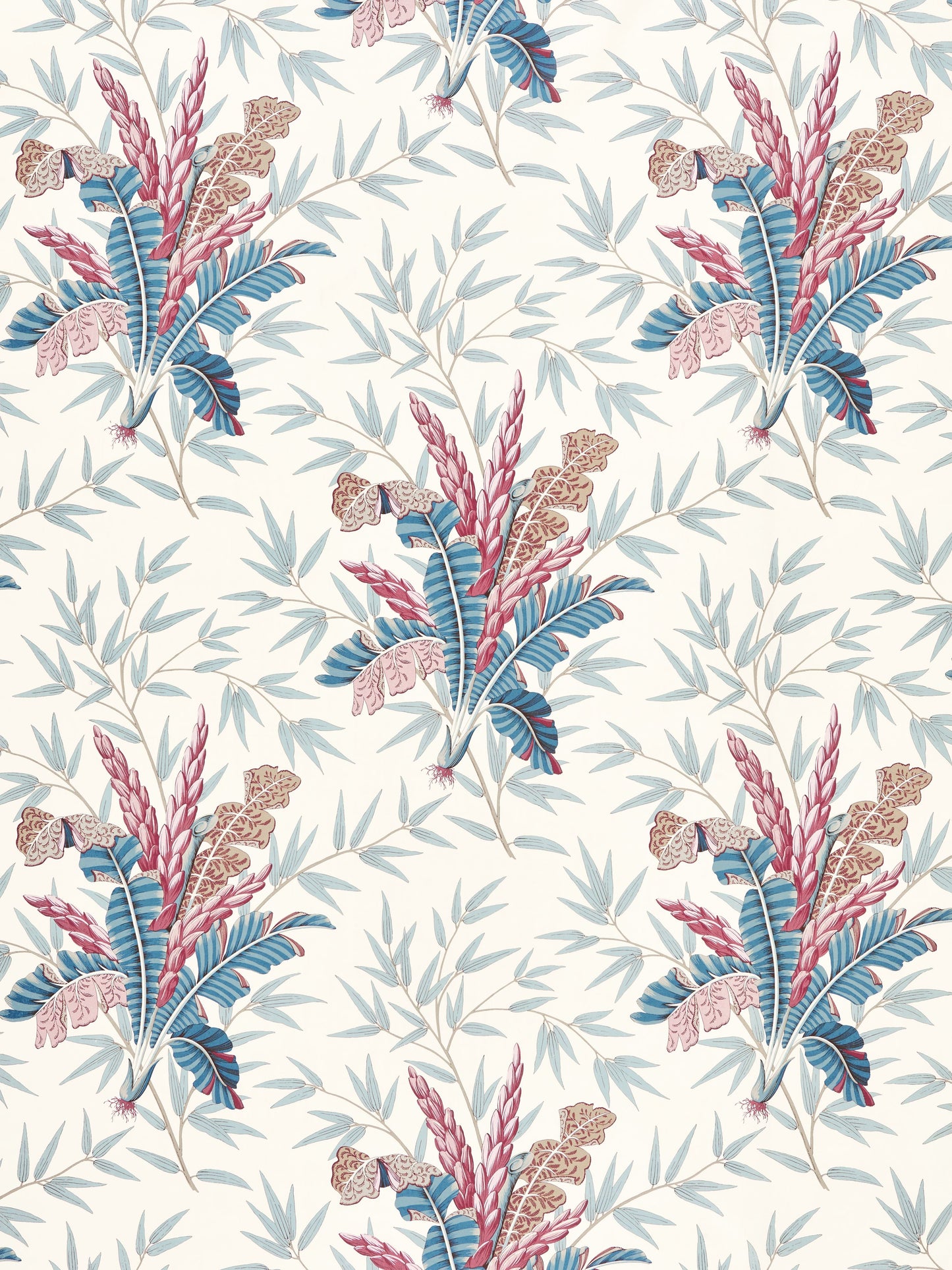 Seamless tropical floral pattern with blue-green leaves and pink blooms on cream background.