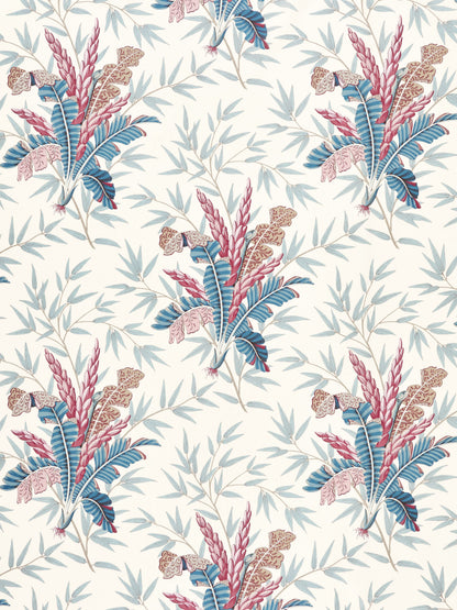 Seamless tropical floral pattern with blue-green leaves and pink blooms on cream background.