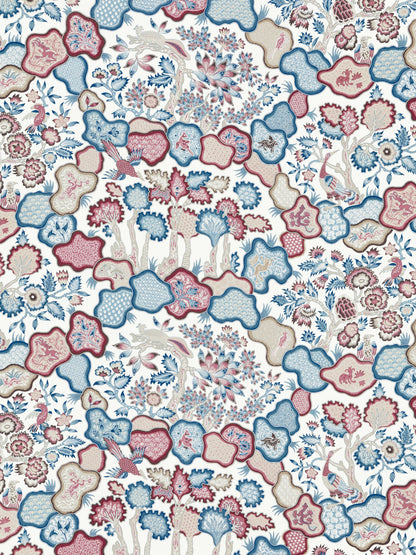 Decorative textile pattern with blue, pink and beige florals in cloud-shaped panels on white background.
