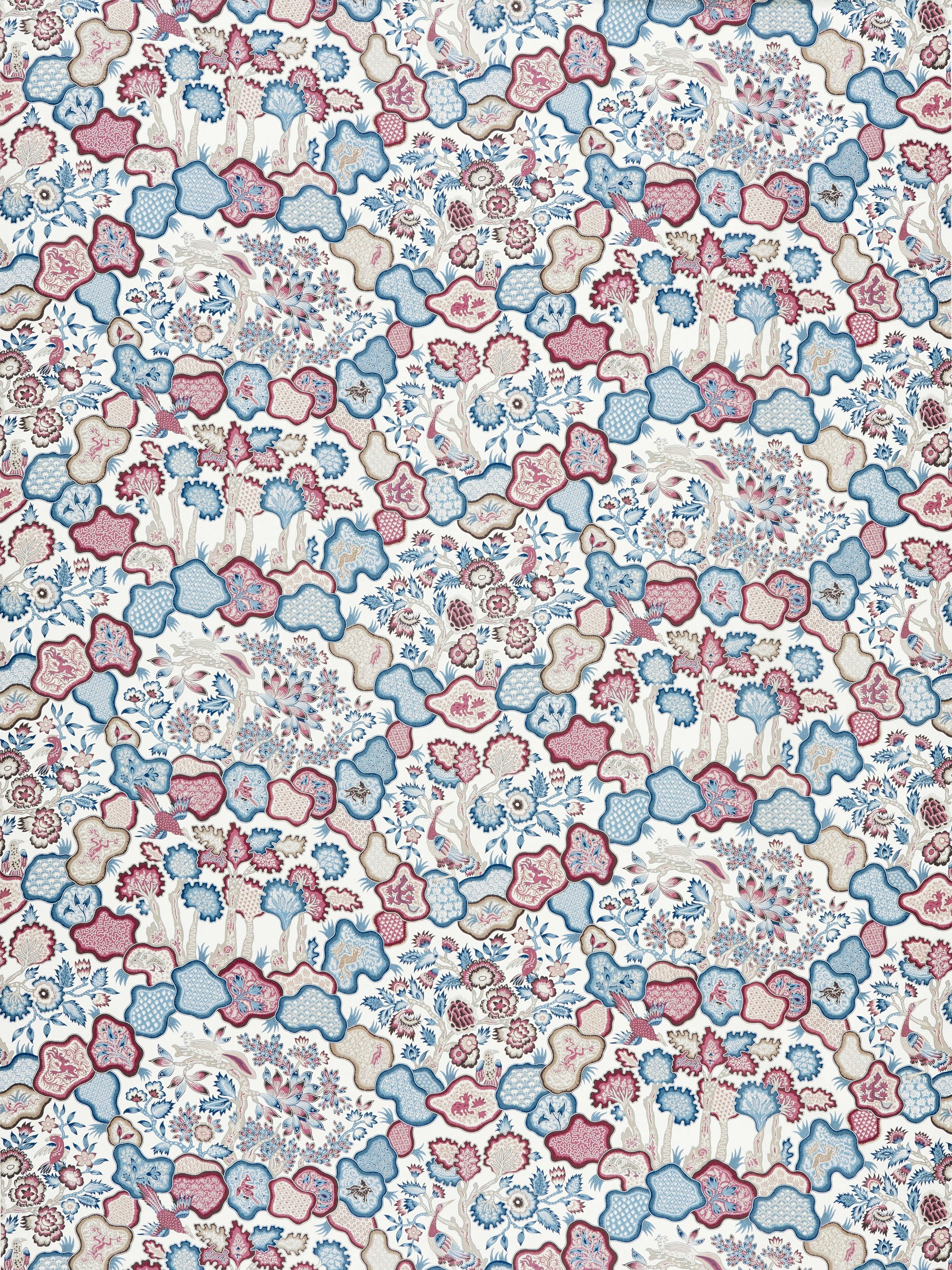 Floral damask fabric in blue, pink and cream with cloud-like shapes; vintage botanical print for upholstery or curtains.