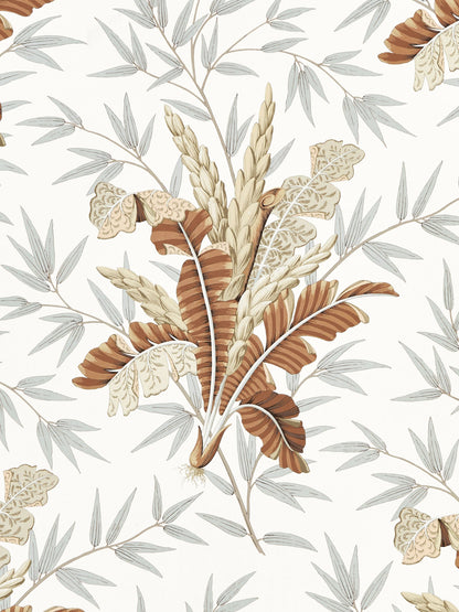 Botanical fabric pattern with beige-brown tropical leaves and pale blue-gray fronds on an ivory background.