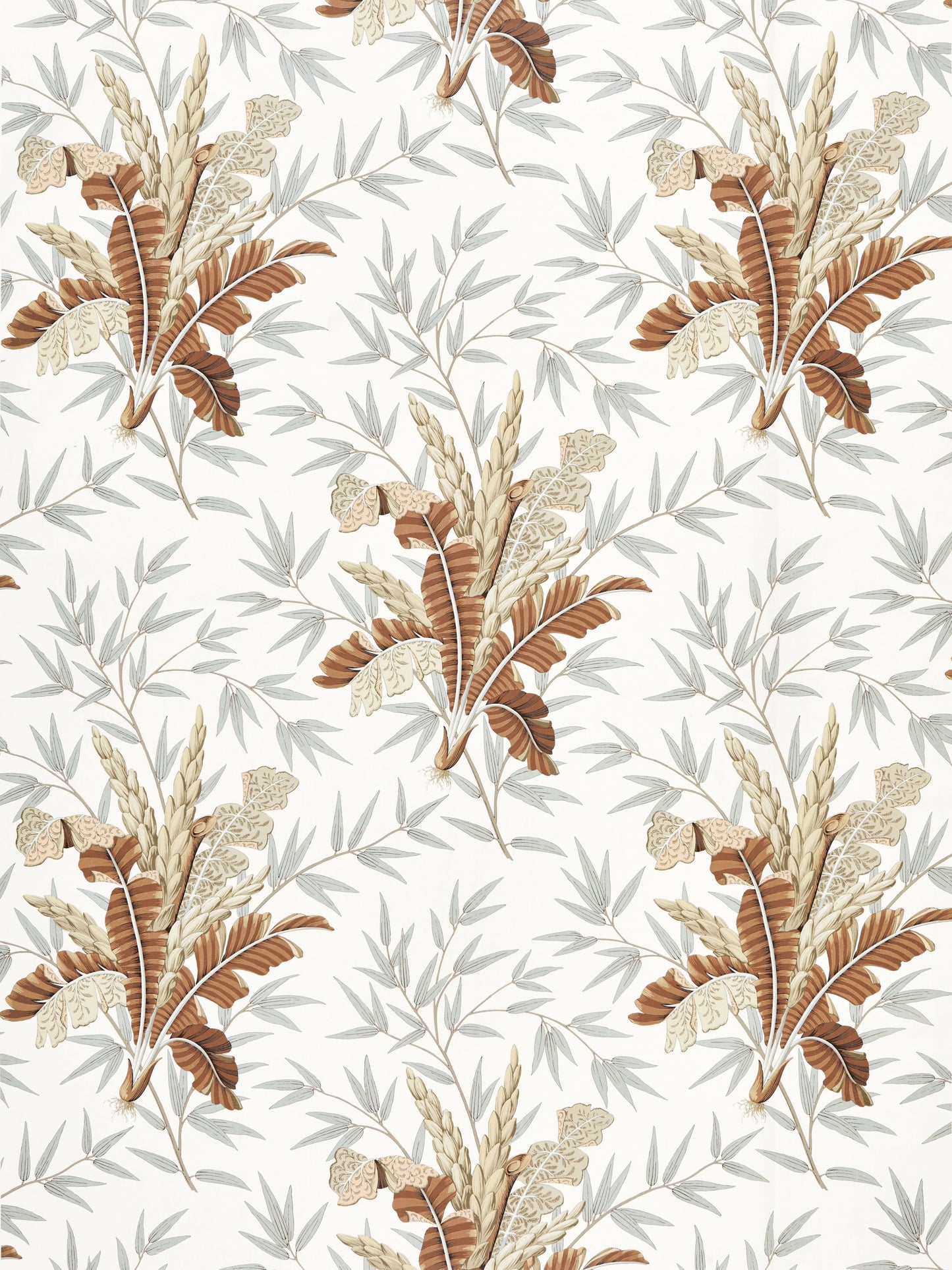 Earthy botanical fabric with tan-brown palm fronds, beige leaves and pale blue-gray stems on cream background