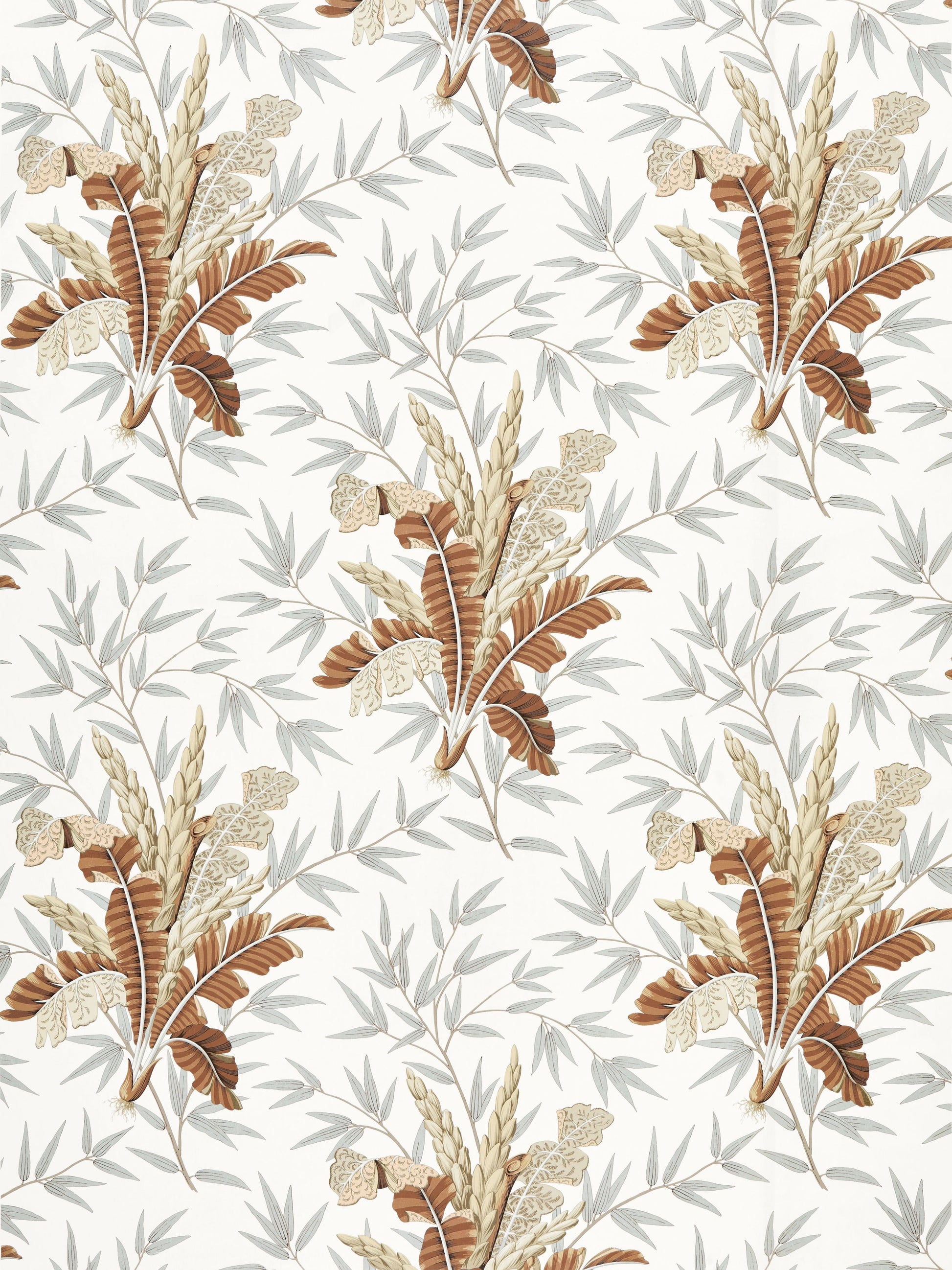 Earthy botanical fabric with tan-brown palm fronds, beige leaves and pale blue-gray stems on cream background