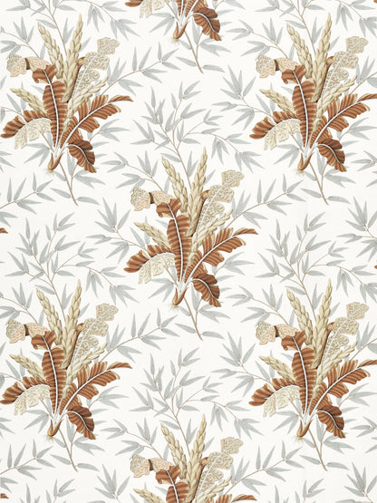 Earthy botanical fabric with tan-brown palm fronds, beige leaves and pale blue-gray stems on cream background